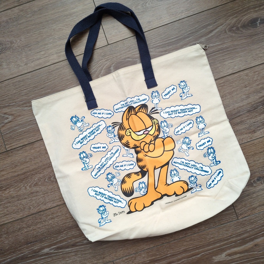 Vtg Garfield Tote Bag Canvas Jim Davis Comic Quotes Zipper‎ Book Large EUC
